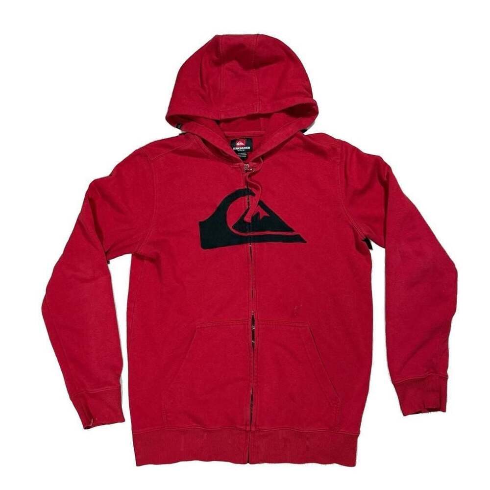 Quiksilver Men's Red Full-Zip Logo Hoodie Y2K Skater Grunge